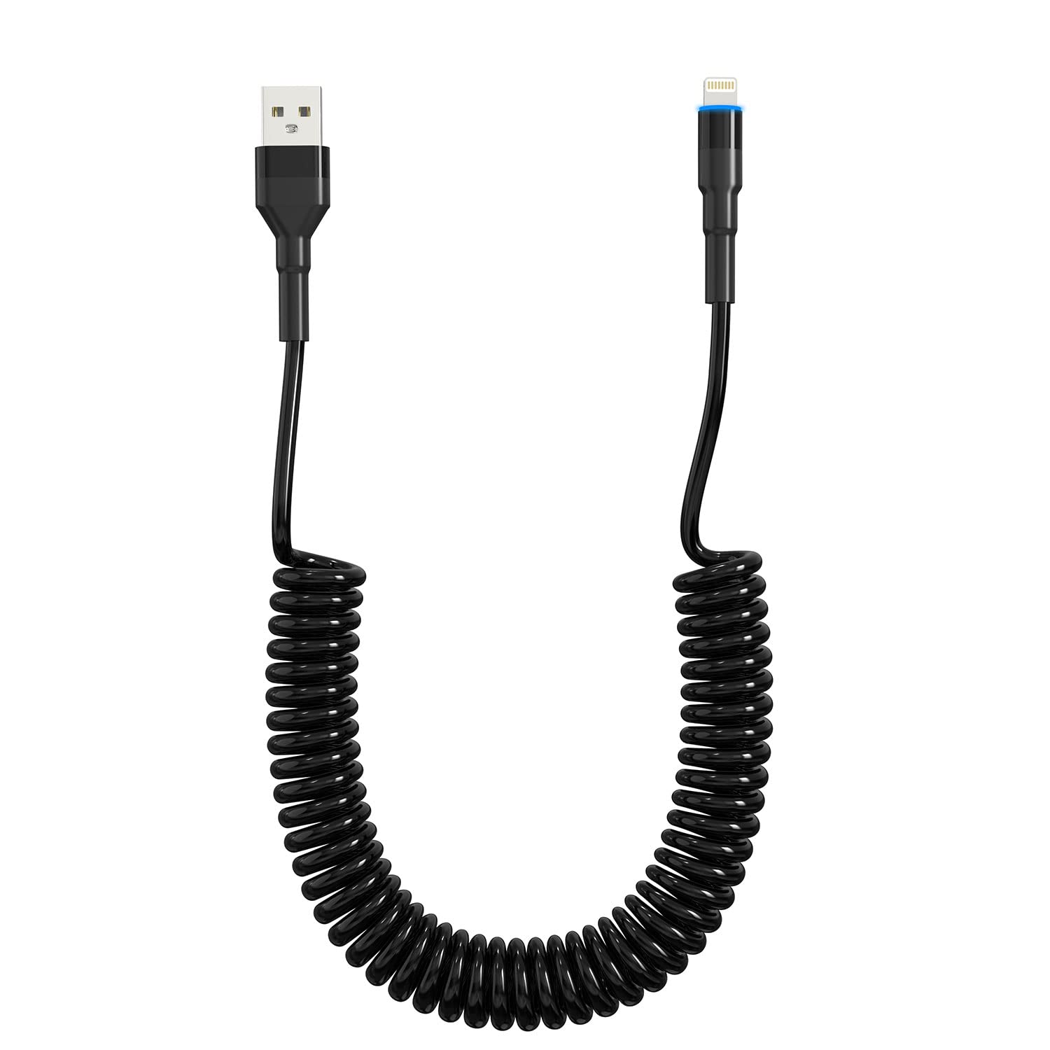 Coiled Lightning Cable Apple Carplay Compatible [Apple MFi Certified] Retractable iPhone/Pad/Pod Charger with Data Sync and LED, Short Car Charger Cord