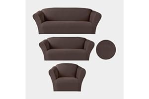LinenTopia 3pc Couch Slip Cover Set (Sofa, Loveseat and Chair), Solid Color, Stretch Form-fit, Furniture Protector, Polyester/Spandex, (Estrela, 3pc, Taupe)