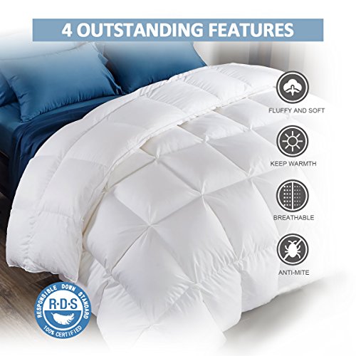 puredown 800 Fill Power White Goose Down Comforter, 700 Thread Count, 100% Cotton Fabric, Queen Size, White