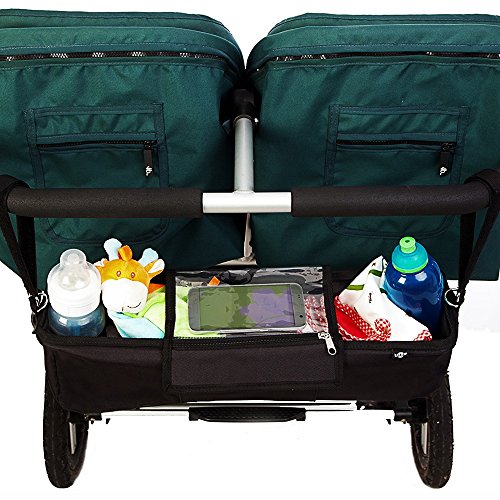 BEST DOUBLE STROLLER ORGANIZER Storage Bag for Double / Twin / Tandem Strollers, Exclusive Phone-Pocket Cell Holder & Waterproof Rain Cover. PLUS 2 FREE Stroller Hooks. Must Have Stroller Accessory