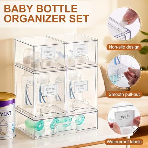 GOGOBAO Baby Bottle Organizer - 5 Pack Stackable Clear Drawers with Labels, Baby Storage Solution Container for Countertop, Cabinet, Bathroom, Pantry, Vanity