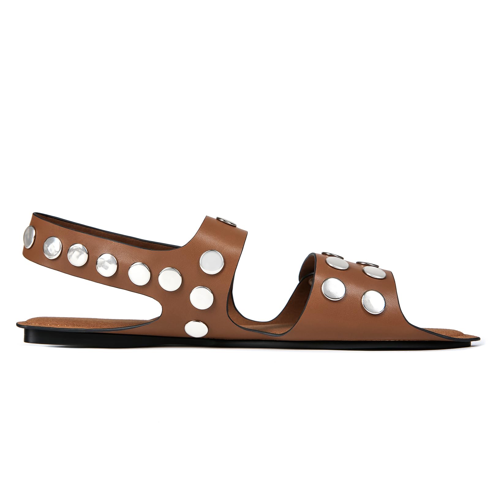 Photo 1 of CAGLGLZ Studded Flats Sandals for Women Open Toe Backless Slide Sandals Adjustable Double Strap Shoes with Hidden Button Slip On Comfortable Casual Summer(Brown,6)