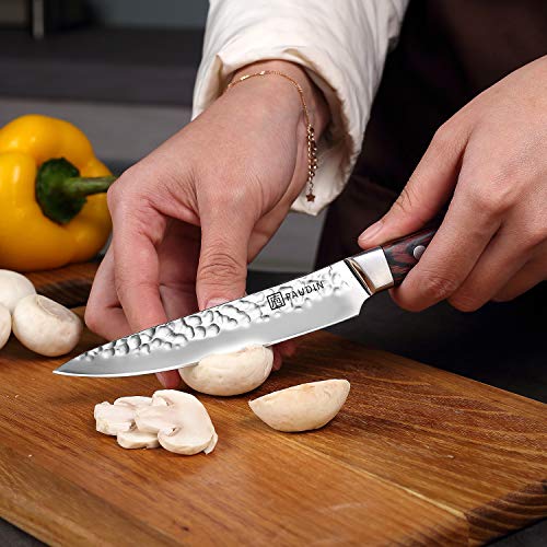 Utility Knife 5 Inch, PAUDIN Pro Kitchen Knife High Carbon German Stainless Steel 7Cr17Mov Hammered Pattern, Sharp Knife with Ergonomic Pakka Wood Handle with Gifted Box - Thumbnail 4