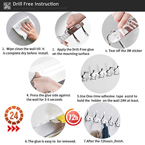BESy Wall Mounted Coat Hooks Self Adhesive Clothes Robe Hat Rack Rail with 15 Hooks for Bathroom Kitchen Office, Drill Free with Glue or Wall Mount with Screws, Chrome Plated, 2 Packs - Thumbnail 5