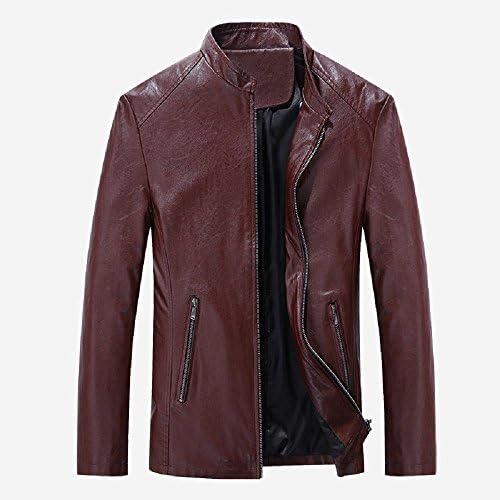LOVECC Men's Vintage Stand Collar Leather Jacket Wine Red XS