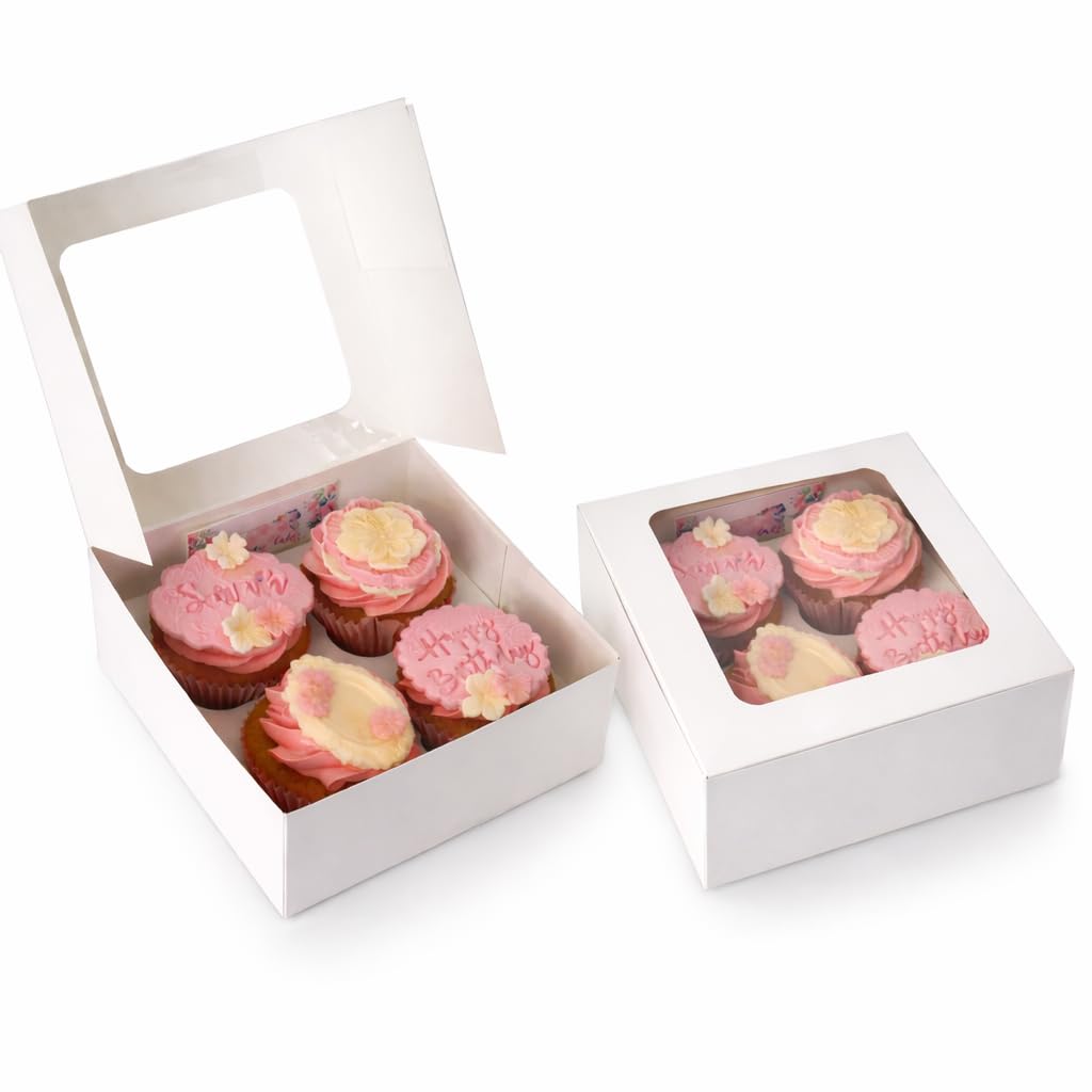 MASS DYNAMIC White Cupcake Boxes with Window, Cup Cake Boxes for Cupcakes Muffins Desserts, Suitable for Home Baking, Party, Wedding, Christmas, halloween, Cake Shop (4 Holes (Pack of 10))