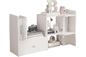 W WWEENUO Expandable Wood Desktop Bookshelf, Freestyle Adjustable Wood Display Desk Shelf Counter Storage Rack Top Bookcase for Office & Home (White)
