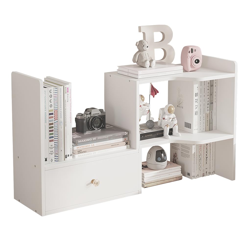 NUODWELL Expandable Desktop Bookshelf, Freestanding Adjustable Office Storage Rack Desk Tidy Organiser Countertop Bookcase for Office & Home (White)