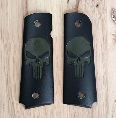 NEW OLIVE GREEN SKULL PUNISHER POLYMER RESIN GRIPS OF 1911 FULL SIZE CLONE, COLT GOVERNMENT, SPRINGFIELD, KIMBER, SHIP FROM THAILAND