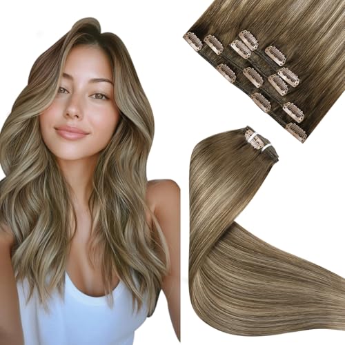 LaaVoo Clip in Extensions Echthaar Ombre Braun Clips in Extensions Balayage Goldene Blondin Extensions Clip Echthaar Remy Haar 30cm #8/16/8 5PCS 80g