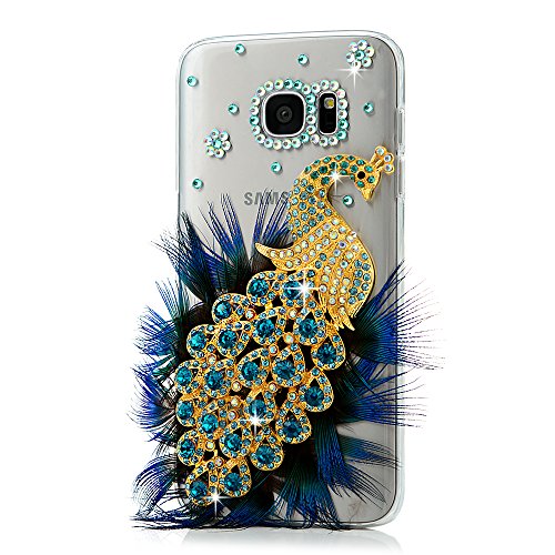 S7 Edge Case,Samsung Galaxy S7 Edge Case - Mavis's Diary 3D Handmade Bling Luxury Peacock with Fashion Feather Shiny Blue Diamond Glitter Sparkle Crystal Rhinestone Gems Design Clear Hard Cover