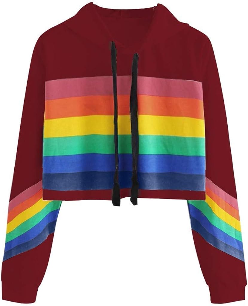 VEFSU Fashion Hooded Women's Long Sleeve Hoodie Pullover Rainbow Print T-Shirt Short Sweatshirt Blouse Tops