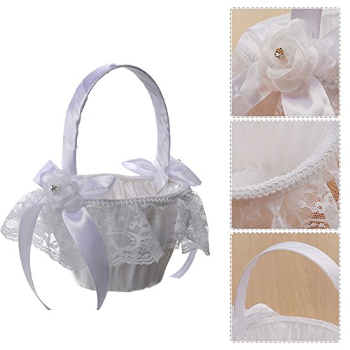 Biback Wedding Flower Girl Basket Rosette Lace Bowknot Rhinstone Satin Wedding Petal Baskets with Ribbon