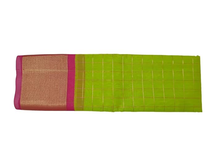 Womens Handloom Checks Jute Cotton Saree with Big Border (Green, SAT11)