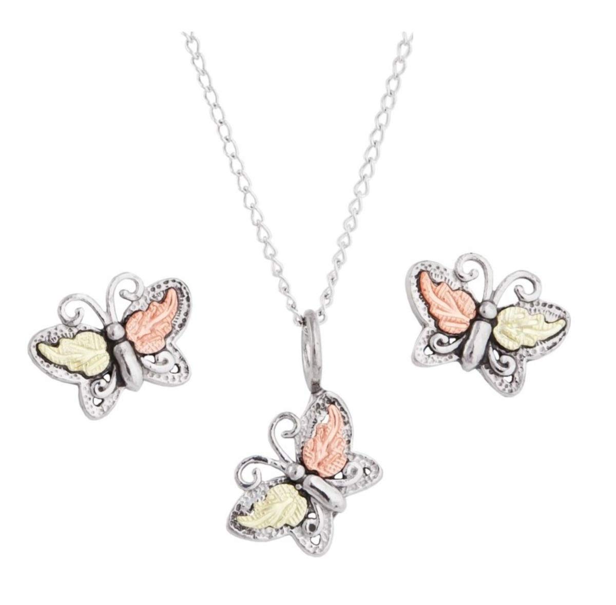 Rhodium-Plated Sterling Silver Butterfly Pendant Necklace and Earrings Set, 12k Rose and Green Gold Black Hills Gold 18 Inches
