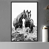 Framed Canvas Wall Art High Contrast Horse Animals Black and White Duotone Expressive Grey Horse Living Room Photography Rustic - 16x24 inches