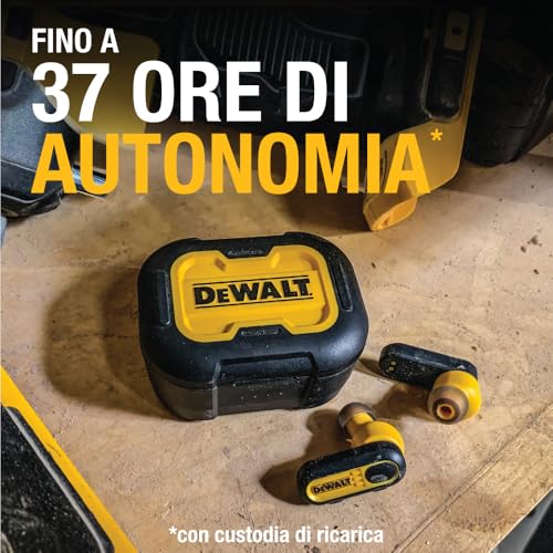 DEWALT True Wireless Bluetooth Earphones In-Ear Headphones with USB-C Charging Case, Up to 37 Hours Autonomy, Dust and Water Resistant IP56 Ideal for Work, Construction Site and Outdoor Use Yellow