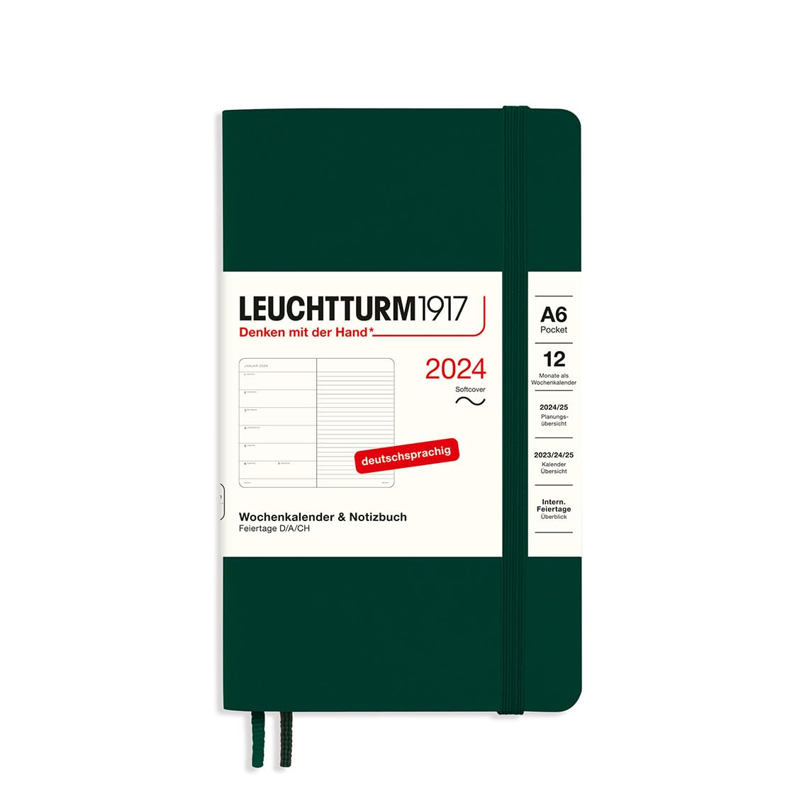 LEUCHTTURM1917 367789 Weekly Calendar & Notebook Pocket (A6) 2024, Soft Cover, Forest Green, German, 12 Months