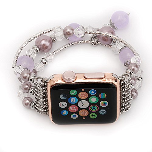 FLYFOX(TM) apple watch band 38mm,fashion Handmade Beaded Faux Pearl Strap Bracelet Replacement iWatch Strap for apple watch Series 3 and Series 2 and Series 1 38mm Women Girls (purple14,38mm)