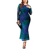 TIYOMI Women's Plus Size Cocktail Floral Maxi Dress Crewneck Long Sleeve Bodycon Wedding Guest Party Dresses XL-5XL 14W-28W