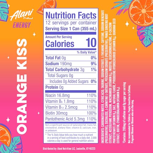 ALANI NU ORANGE KISS, SUGAR FREE, LOW CALORIE ENERGY DRINKS, 200MG CAFFEINE, BIOTIN, B VITAMINS, ZERO SUGAR, 10 CALORIES, 12 FL OZ CANS, 12 PACK