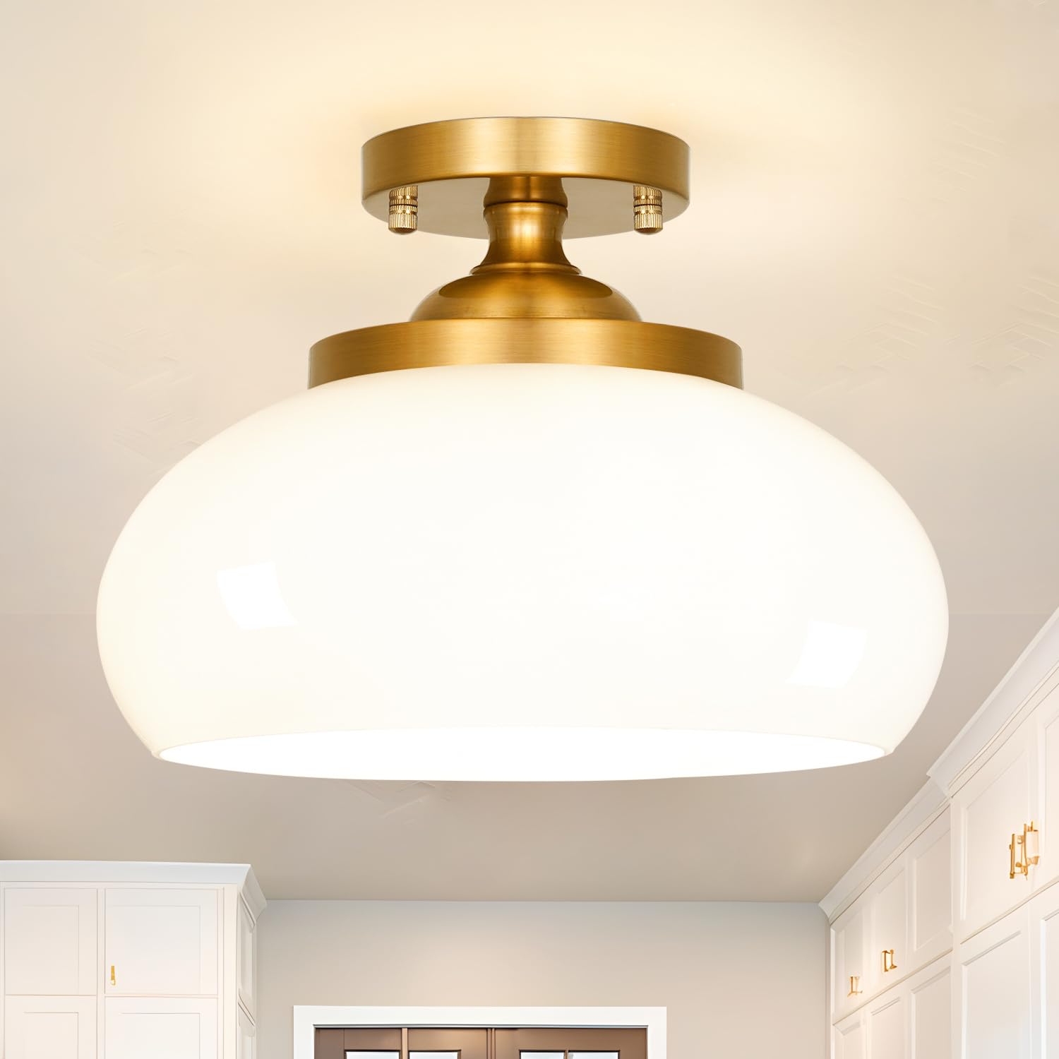 Photo 1 of Mid-Century Gold Ceiling Light with Hand-Blown Milk Glass Shade - 12 Inch Semi Flush Mount Light Fixture for Hallway, Kitchen & Bedroom - Triple E12 Sockets for Even Illumination & Easy Installation