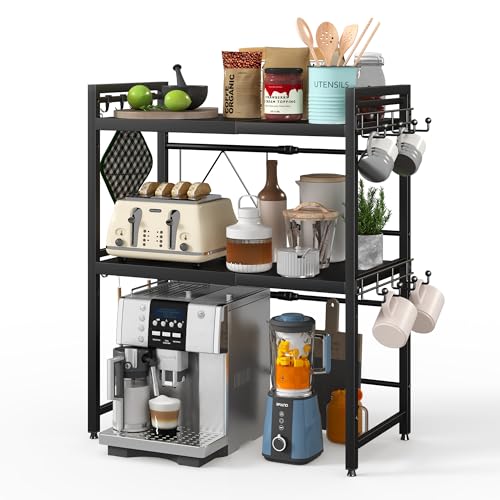 NETEL Extendable 3 Tier Microwave Stand, Adjustable Countertop Microwave Shelf, Kitchen Countertop, Microwave Organizer with Cup Holder and 8 Hooks, Black