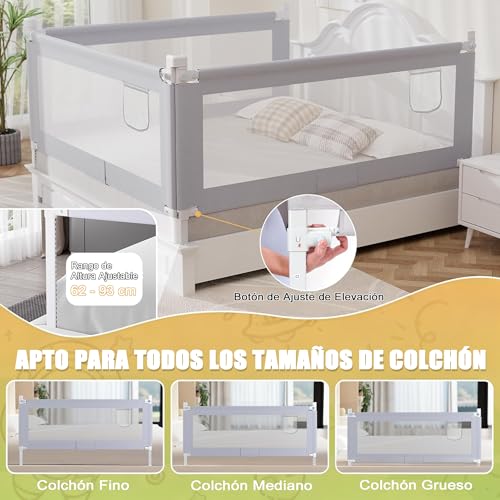 Meeyoga Barandal para Cama, Altura Ajustable para Cama, Levantamiento de un Solo Lado, con Bloqueo de Seguridad, para Todo Tipo De Colchones y Bases, con Accesorios de Instalación (1.8m)