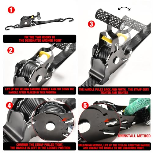 KAPEICamper Retractable Ratchet Straps 1 in x 10 ft, Secure Tie-Downs with Rubber-Coated Handles & S-Hooks, For Moving Motorcycle, Bike,Cargo,Breaking Strength 1,500Lbs (Round wheel T-handle black)