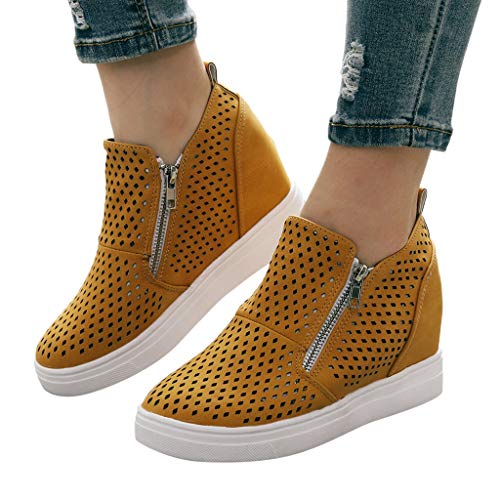 Women's Platform Sneakers,Hidden Wedges Heel Suede High Top Side Zipper Faux Suede Perforated Breathable Ankle Booties Yellow - Thumbnail 6