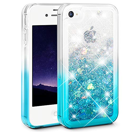 Ruky iPhone 4 Case, iPhone 4S Case, Gradient Quicksand Series Glitter Flowing Liquid Floating Protective Shockproof Clear TPU Girls Case for iPhone 4 4S (Gradient Teal)