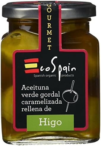 Green olive Gordal (big) stuffed with caramelized fig. Gourmet product 300 gr.