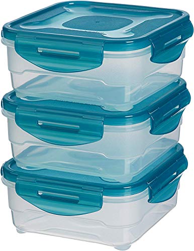 Amazon Basics Set di 3 contenitori ermetici per alimenti da 0.8 litri, con coperchio, in plastica senza BPA, adatti per frigorifero, congelatore, microonde e lavastoviglie, trasparenti