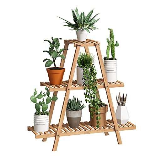Plant Stand Indoor Bamboo Outdoor Tiered Plant Shelf 3 Tier 8 Potted