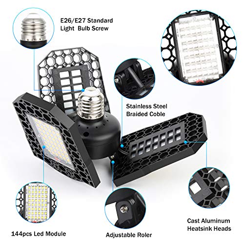 Gyrategirl LED Garage Lights, 80W Deformable Triple Glow Garage Lighting with 3 Adjustable LED Panels, E26 E27 Ceiling Light Led Shop Lights for Garage Warehouse Basement Workshop Outdoor and Yard