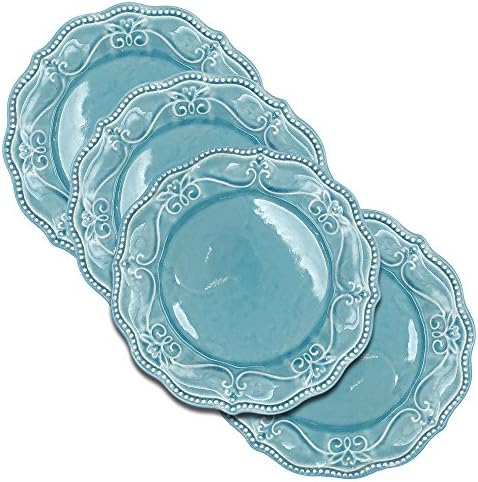 Breeze 8.0 Inch Classic Embossed Ceramic Vintage Style Dessert/Appetizer Plate (4 Piece Set - Blue)