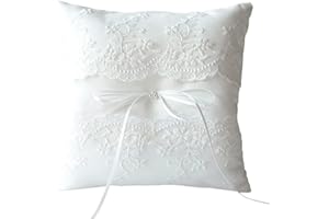 PRETISHOWS Wedding Ring Pillow Ivory Satin Ribbon Bow Pearls Lace Floral Embroidery Ring Bearer Cushion for Wedding Ceremony(8 inch)