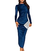 Wenrine Women's Velvet Bodycon Midi Dress Long Sleeve Ruched Elegant Cocktail Party Dresses