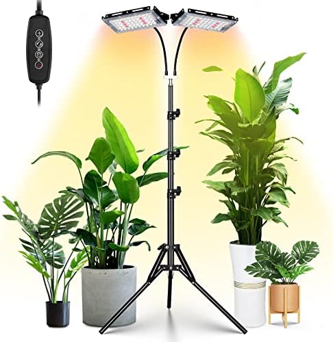 LORDEM Grow Light with Stand, Full Spectrum LED Plant Light for Indoor  Plants, 200W Dual Heads Grow Lamp with Auto On/Off Timer, 3 Lighting Modes,  6 Dimmable Levels, Adjustable Tripod 15-63 inches