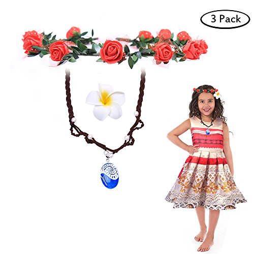 Buufan Girl Sapphire Necklace for Princess Moana Cosplay with Floral Wreath Headband & Flower Hair Clip,MOANA Movie Costume Accessories,Blue Pendant Necklace for Girl Children Birthday Party Dress Up