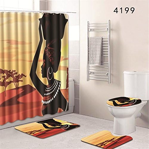 Oyeahbridal Set of 4 African Ancient Egyptian Psychedelic Shower Curtain and Bath Mat Set,African Woman Desert Decor Waterproof Non-slip Bathroom Curtain and Rug Set with Hooks(Multi 1)