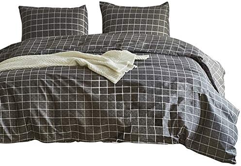 Lurson Grey Plaid Duvet Cover Set Grid Bedding Set Twin, Duvet Cover for Mens Bed,Duvet Cover with Ties and Zipper