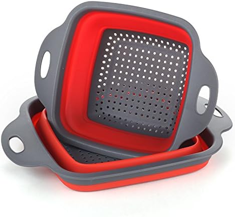 Foldable Collapsible Kitchen Colander 2 Pcs square Collapsible washing up bowl Silicone Strainer Set Filter Food Strainers basket 2 sizes (Red)