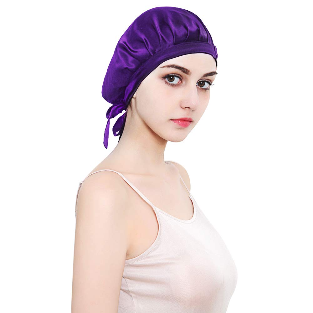 HINATAA 100% Mulberry Silk Night Sleep Cap，Sleeping Cap for Women Head Cover Bonnet for Hair Beauty with Elastic Band for Sleep, Hair Loss, Hair Protection (Purple)