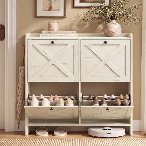 VASAGLE Narrow Shoe Storage Cabinet Organizer with 4 Flip Drawers