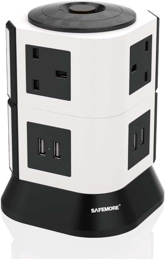 Extension Lead Tower SAFEMORE 6-Gang|6 Way Outlet Sockets Surge Protector Extension Cable for Home Appliances|2 USB Slots 10W|6.5feet Power Cord