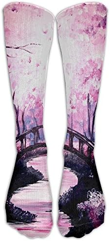 Long Dress Socks Over-the-Calf Tube Compression Socks Forest Pink Tree Bridge Painting Training Football Athletic Sports Socks