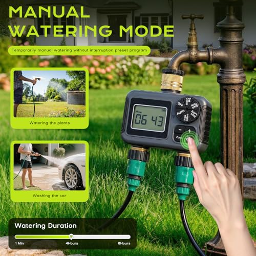 IPX5 Waterproof Automatic Watering Timer with Brass Input and Output, Rain Delay, Automatic and Manual Watering, Irrigation Timer for Garden Lawn