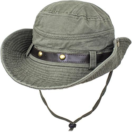 Prikinder Outdoors Khaki Wide-Brimmed Buttons Belt Adjustable Boonie Sun Hats Moss