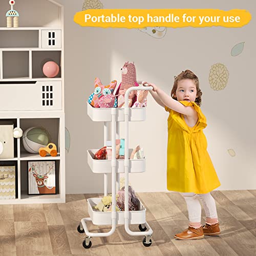 Armocity Rolling Cart, White Diaper Cart for Bedroom, Portable Nursery Cart with Wheels, 3Tier